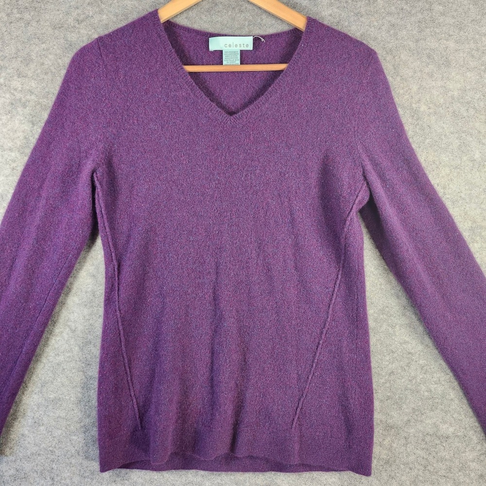 Celeste Purple 100% Cashmere V-Neck Sweater Womens Medium Office Colorful Luxury
